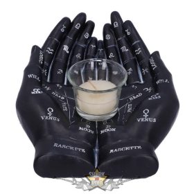   Tenyérjósló  Fekete  kezek gyertyatartó - Palmist's Guide Black Chiromancy Hands Candle Holder. u5532t1.    gyertyatartó