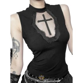 Gótikus Női Ujjatlan Kivágásos Felső – Magas Nyakú, Áttetsző Hálós és Csipke Panel Blúz.   Gótikus Női Ujjatlan Kivágásos Felső – Magas Nyakú, Áttetsző Hálós és Csipke Panel Blúz.