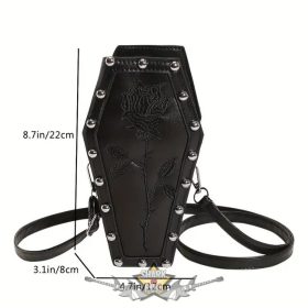 GOTH - Mini koporsó alakú sötét táska - fekete rózsával, női Goth horror kézitáska és válltáska.  nöi válltáska   GOTH - Mini koporsó alakú sötét táska - fekete rózsával, női Goth horror kézitáska és válltáska.  nöi válltáska