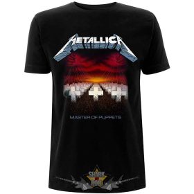   Metallica - Unisex T-Shirt.  Master of Puppets Tracks (Black) (Back Print).   férfi zenekaros póló