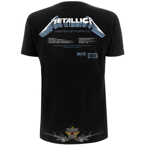 Metallica - Unisex T-Shirt.  Master of Puppets Tracks (Black) (Back Print).   férfi zenekaros póló