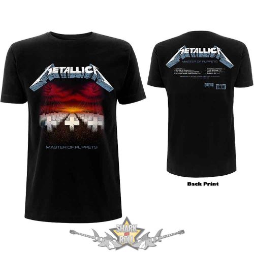 Metallica - Unisex T-Shirt.  Master of Puppets Tracks (Black) (Back Print).   férfi zenekaros póló