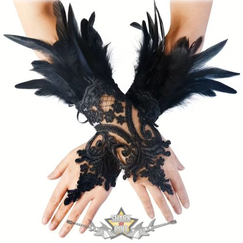 Gótikus csipke műtollas kesztyűk, csipke mandzsetta .  1 pár  fekete csipke  kesztyű.