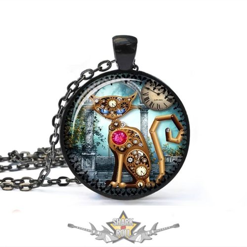 Steampunk - Cats macska üveg Cabochon medál nyaklánc. Kulcstartó - Nyaklánc  üveg medál kerek kulcstartó.   