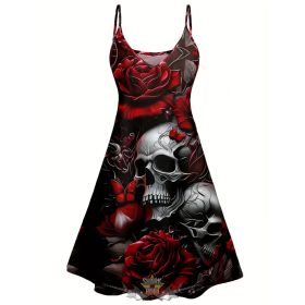 Gótikus női ruha -  női vállnélküli spagetti fűzős ruha - Merész piros rózsa és arany koponya.    Gótikus női ruha -  női vállnélküli spagetti fűzős ruha - Merész piros rózsa és arany koponya.