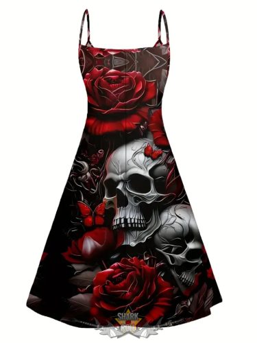 Gótikus női ruha -  női vállnélküli spagetti fűzős ruha - Merész piros rózsa és arany koponya. 