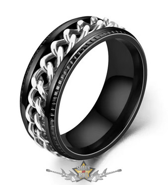 Láncgyűrű rozsdamentes acélból. Fekete - ezüst. Embedded Chain Link Ring Silver.   Acélgyűrű. 