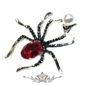   Pók - Spider. bross - gyönggyel. nagy piros kristály díszít.  valósághű pók 