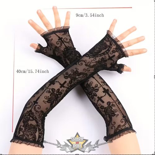 Gótikus - barokk ujjatlan csipkekesztyű - hosszú mandzsetta, könyökig ér 40 cm  fekete csipke  kesztyű.