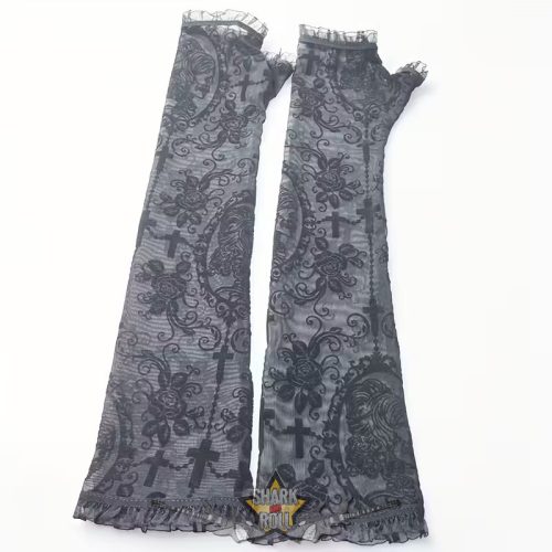 Gótikus - barokk ujjatlan csipkekesztyű - hosszú mandzsetta, könyökig ér 40 cm  fekete csipke  kesztyű.