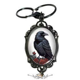   Gothic - Gótikus Holló és Rózsa Mintás Csipke Ovális Fekete Kulcstartó.   fém kulcstartó, táska dísz