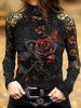 Gothic - magas nyakú csipkebetétes póló,  halloweeni rózsamintával,