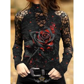 Gothic - magas nyakú csipkebetétes póló,  halloweeni rózsamintával,   Gothic - magas nyakú csipkebetétes póló,  halloweeni rózsamintával,