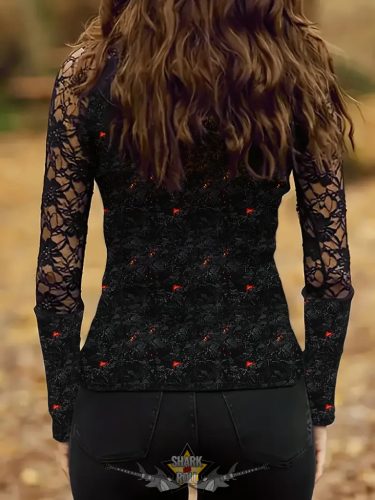 Gothic - magas nyakú csipkebetétes póló,  halloweeni rózsamintával,