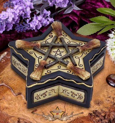 Mágikus Védő Wiccan Seprűnyél Doboz 16cm.  asztali dísz, ékszer tartó doboz