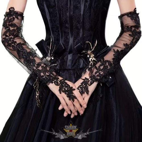 Gótikus csipke . csipke kesztyű, hosszú és vékony. 1 pár  fekete csipke  kesztyű.