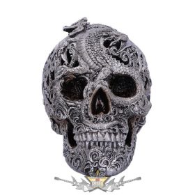   Silver Cranial Drakos Engraved Dragon Skull Ornament. U4977R0.  koponya figura