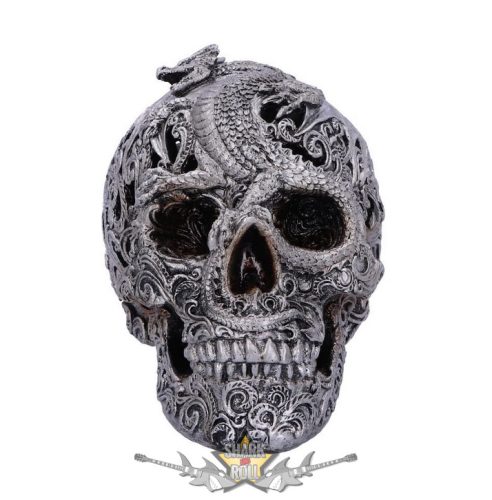 Silver Cranial Drakos Engraved Dragon Skull Ornament. U4977R0.  koponya figura