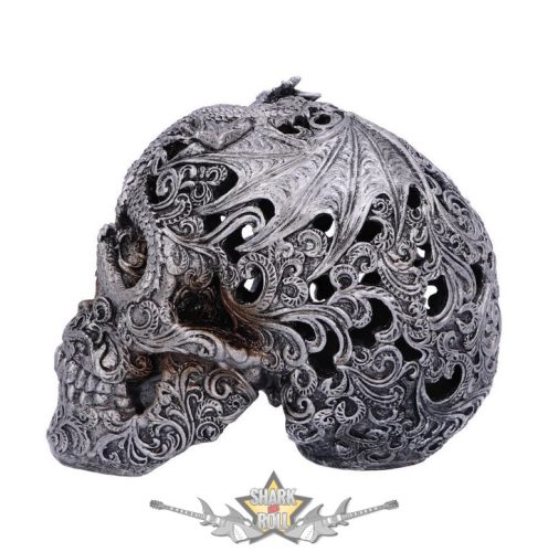 Silver Cranial Drakos Engraved Dragon Skull Ornament. U4977R0.  koponya figura