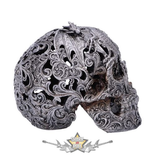 Silver Cranial Drakos Engraved Dragon Skull Ornament. U4977R0.  koponya figura