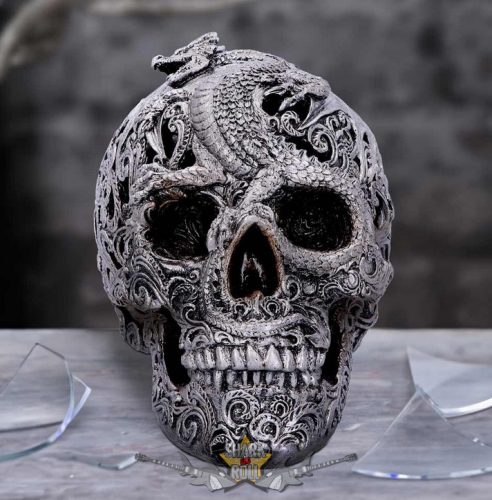 Silver Cranial Drakos Engraved Dragon Skull Ornament. U4977R0.  koponya figura