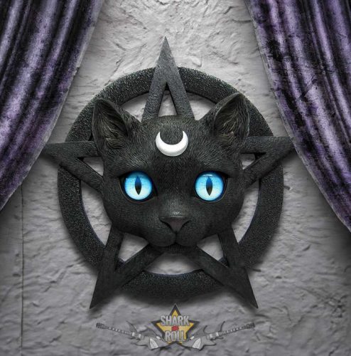 BLACK CAT - Feline Worship Cat Pentagram Wall Plaque 25.5cm. D6766A24.   fantasy figura, Macskaimádó Pentagram Fali Plakett 