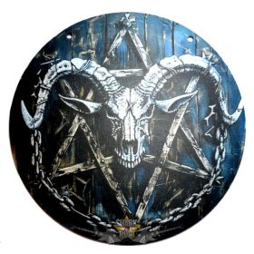   Baphomet - Rusztikus 3D Kecskekoponya és Pentagramma Fa Tábla, 20.07x20.07 cm,  fantasy dísz.