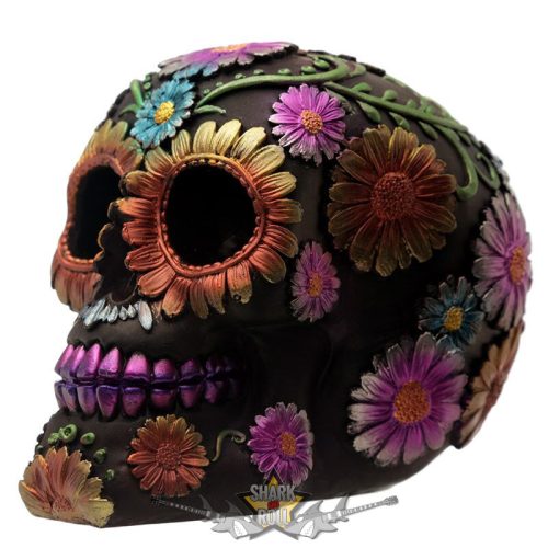 Metálfényes - Mexikói Koponya Virágokkal. SK278.  Dekor Koponya - koponya figura
