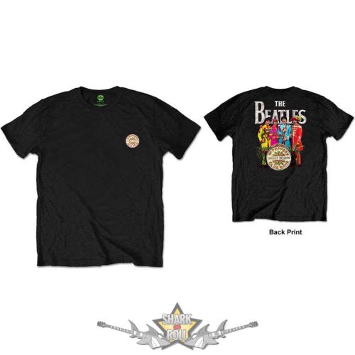 The Beatles - Unisex Retail Pack T-Shirt.  Sgt Pepper (Black) (Back Print).   férfi zenekaros póló