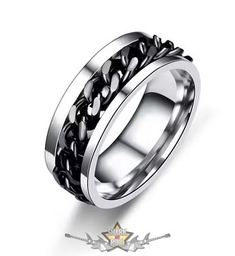 Láncgyűrű rozsdamentes acélból. Ezüst - fekete. Embedded Chain Link Ring Silver.   Acélgyűrű. 